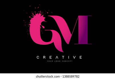 Purple Pink GM G M Letter Logo Design with Ink Watercolor Splash Spill Vector Illustration.