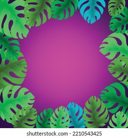 Purple pink gradient mesh background decorated with tropical leaves nice for wallpaper, banner or card