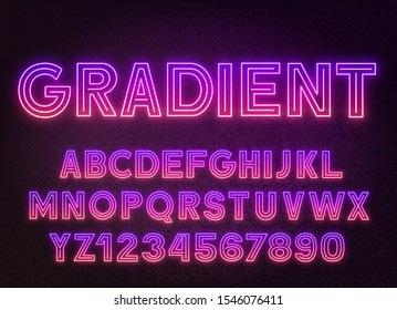 Purple Pink gradient neon alphabet on a dark background .