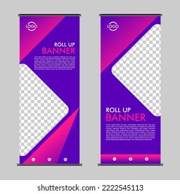 Purple pink gradient Roll Up Banner. Abstract background for Presentation. Vertical, x-stand, Retractable banner stand or flag design layout for promotional banner with phone, location and web icons