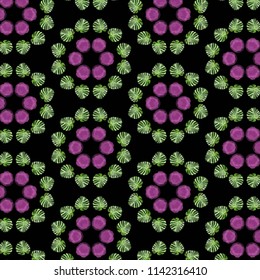purple, pink and green floral pattern with black background. for textile, fabric, backgrounds, backdrops and creative surface designs. pattern swatch in eps. file. hand painting quality and texture 