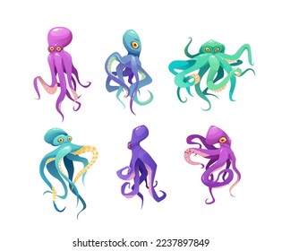 Purple, pink and green octopuses set cartoon vector illustration. Sea cute animal