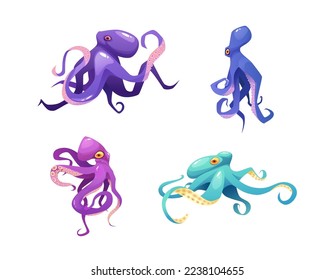 Purple, pink and green octopuses set cartoon vector illustration. Sea cute animal