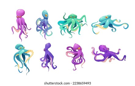 Purple, pink and green octopuses set cartoon vector illustration. Sea cute animal