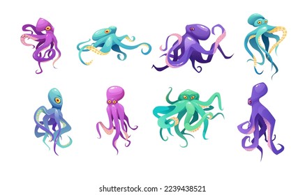 Purple, pink and green octopuses set cartoon vector illustration. Sea cute animal