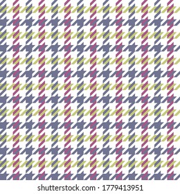 Purple, pink, green, white houndstooth pattern vector. Seamless multicolored dog tooth check plaid for coat, jacket, skirt, dress, or other modern spring and autumn fashion fabric design.