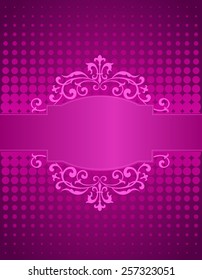 Purple / pink halftone dots background and decorative ribbon and frame