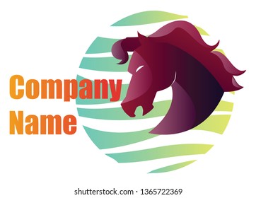 Purple and pink horse head illustration on a blue circle with orange blank text vector logo design on a white background