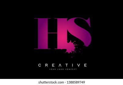Purple Pink HS H S Letter Logo Design with Ink Watercolor Splash Spill Vector Illustration.