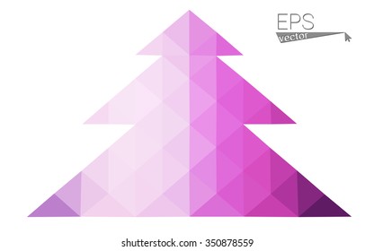 Purple, pink low polygon style christmas tree vector illustration consisting of triangles.Abstract triangular polygonal origami or crystal design of New Years celebration.Isolated on white background.