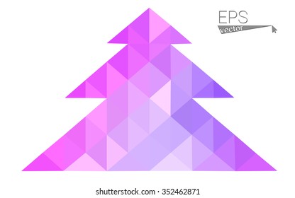 Purple, pink low polygon style christmas tree vector illustration consisting of triangles.Abstract triangular polygonal origami or crystal design of New Years celebration.Isolated on white background.