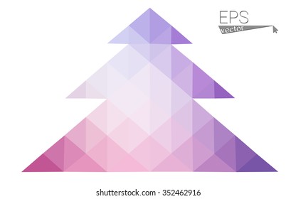 Purple, pink low polygon style christmas tree vector illustration consisting of triangles.Abstract triangular polygonal origami or crystal design of New Years celebration.Isolated on white background.
