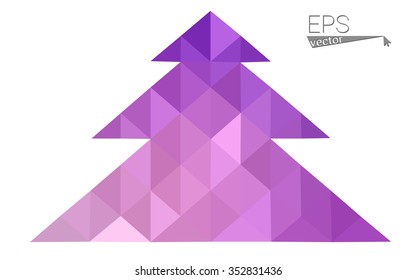 Purple, pink low polygon style christmas tree vector illustration consisting of triangles. Abstract triangular polygonal origami or crystal design of New Years celebration. Isolated on white background.