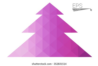 Purple, pink low polygon style christmas tree vector illustration consisting of triangles. Abstract triangular polygonal origami or crystal design of New Years celebration. Isolated on white background.