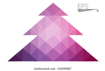 Purple, pink low polygon style christmas tree vector illustration consisting of triangles.Abstract triangular polygonal origami or crystal design of New Years celebration.Isolated on white background.