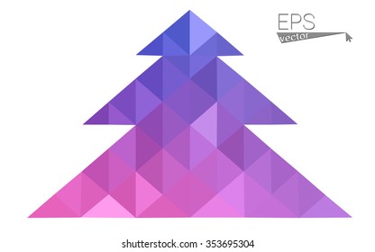 Purple, pink low polygon style christmas tree vector illustration consisting of triangles.Abstract triangular polygonal origami or crystal design of New Years celebration.Isolated on white background.