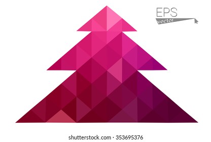 Purple, pink low polygon style christmas tree vector illustration consisting of triangles.Abstract triangular polygonal origami or crystal design of New Years celebration.Isolated on white background.