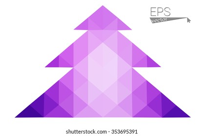 Purple, pink low polygon style christmas tree vector illustration consisting of triangles.Abstract triangular polygonal origami or crystal design of New Years celebration.Isolated on white background.