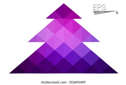 Purple, pink low polygon style christmas tree vector illustration consisting of triangles.Abstract triangular polygonal origami or crystal design of New Years celebration.Isolated on white background.
