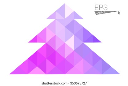 Purple, pink low polygon style christmas tree vector illustration consisting of triangles.Abstract triangular polygonal origami or crystal design of New Years celebration.Isolated on white background.