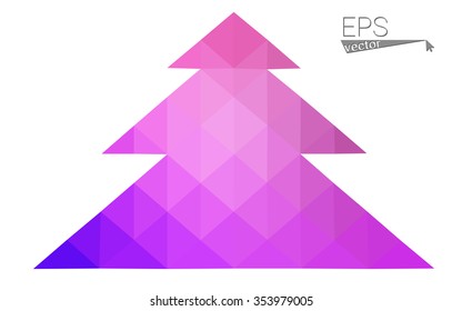 Purple, pink low polygon style christmas tree vector illustration consisting of triangles.Abstract triangular polygonal origami or crystal design of New Years celebration.Isolated on white background.