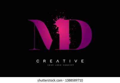 Purple Pink MD M D Letter Logo Design with Ink Watercolor Splash Spill Vector Illustration.