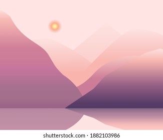 Purple and pink mountains and sun on a peach background in the morning haze near the lake. Morning mountains and their image in river.