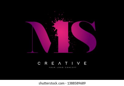 Purple Pink MS M S Letter Logo Design with Ink Watercolor Splash Spill Vector Illustration.