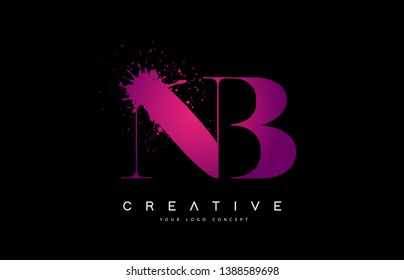 Purple Pink NB N B Letter Logo Design with Ink Watercolor Splash Spill Vector Illustration.