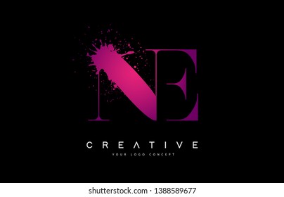 Purple Pink NE N E Letter Logo Design with Ink Watercolor Splash Spill Vector Illustration.