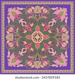 Purple and pink neck scarf with a stylized flowers. Vector design for a neckerchief, carpet, kerchief, bandana, rug. Traditional floral pattern.