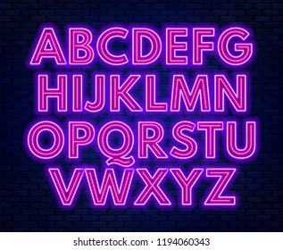 Purple pink neon alphabet on a dark background . Capital letter.