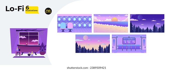 Purple pink nostalgic 2D cartoon backgrounds bundle. Cityscape, landscape. Nature, urban interior colorful aesthetic vector illustrations collection, nobody. Cozy flat line wallpapers art, lofi images