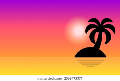 Purple, Pink, and Orange Sunset with Silhouette Palm Trees in a Tropical Evening Landscape. Vector Illustration.