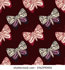 Purple and pink ornamental botanic style butterfly shapes. Maroon dark background. Insect print in folk style. Great for fabric design, textile print, wrapping, cover. Vector illustration.
