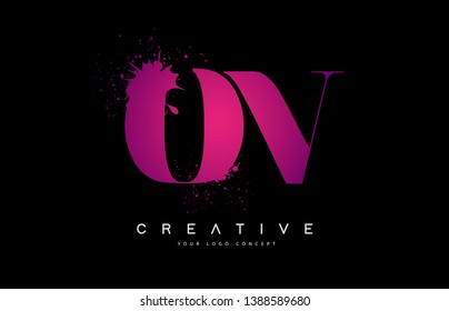 Purple Pink OV O V Letter Logo Design with Ink Watercolor Splash Spill Vector Illustration.