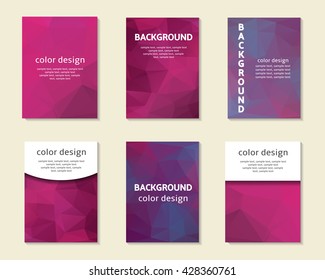 Purple, pink polygon cards, covers, postcards collection. Polygon printable templates set. Triangle pattern business cards. Abstract backgrounds set