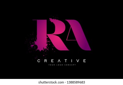 Purple Pink RA R A Letter Logo Design with Ink Watercolor Splash Spill Vector Illustration.