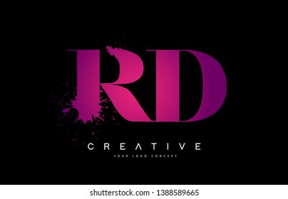 Purple Pink RD R D Letter Logo Design with Ink Watercolor Splash Spill Vector Illustration.