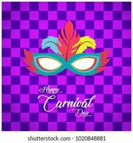 purple and pink rectangular pattern background with colorful carnival mask and feathers and white typography