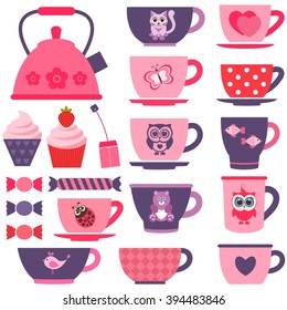 purple, pink and red tea cups