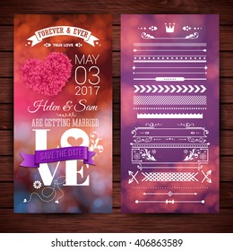 Purple and pink save the date getting married love stationery with extra icons, frames and borders over rendered wooden background