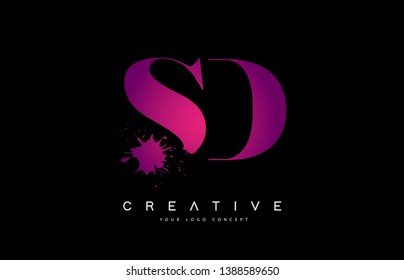 Purple Pink SD S D Letter Logo Design with Ink Watercolor Splash Spill Vector Illustration.