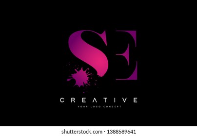 Purple Pink SE S E Letter Logo Design with Ink Watercolor Splash Spill Vector Illustration.