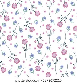 purple and pink seamless flowers pattern. Delicate petals and vibrant blossoms create an artistic and vintage botanical illustration. Perfect for wallpaper, fabric, wrapping paper and more.