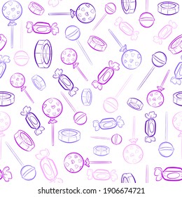 Purple and pink seamless pattern with lollipop and candy sketches. Repetitive party background with delicious sweets.