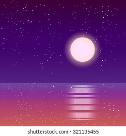 Purple and pink seascape. Cosmic fantastic landscape. Full moon.