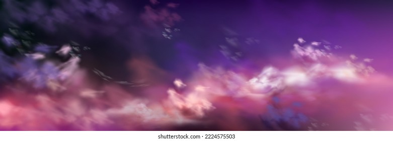 Purple and pink sky with realistic cloud texture, vector illustration. Fantastic foggy dusk or rainy sunrise cloudscape in dark blue and lilac colors. Beautiful nature. Abstract background design