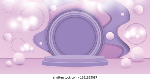 Purple pink sweet pastel cute with fluffy cloud minimal stage with blank platform display background.Vector illustrations.