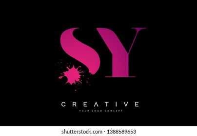 Purple Pink SY S Y Letter Logo Design with Ink Watercolor Splash Spill Vector Illustration.